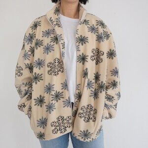 Vintage Nick Sarah Plus Cream w Winter Snowflake Fleece Zip Up Sweater Cardi 2X